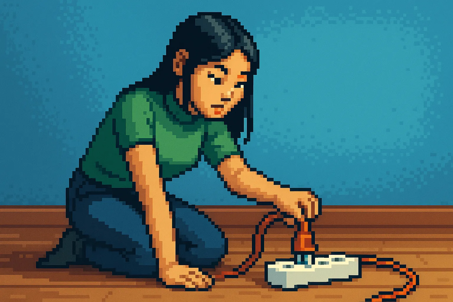 Une femme asiatique en train de brancher une rallonge électrique, pixel art