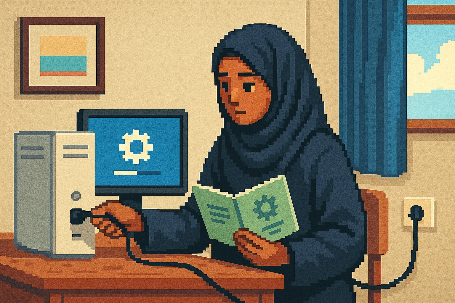 Une femme en train de paramétrer un ordinateur, pixel art