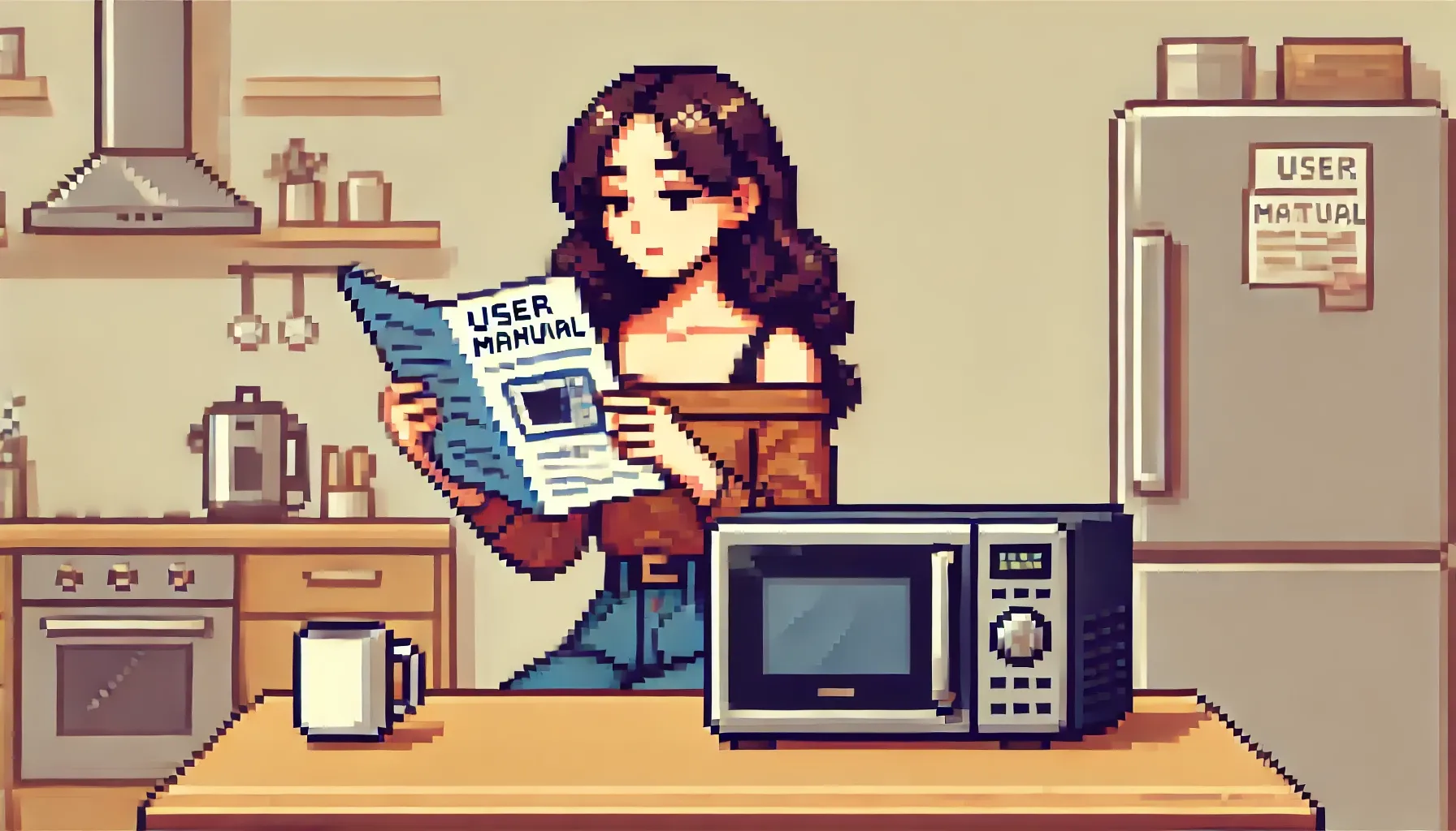 Un serveur tenant un plateau dans un restaurant parisien, pixel art