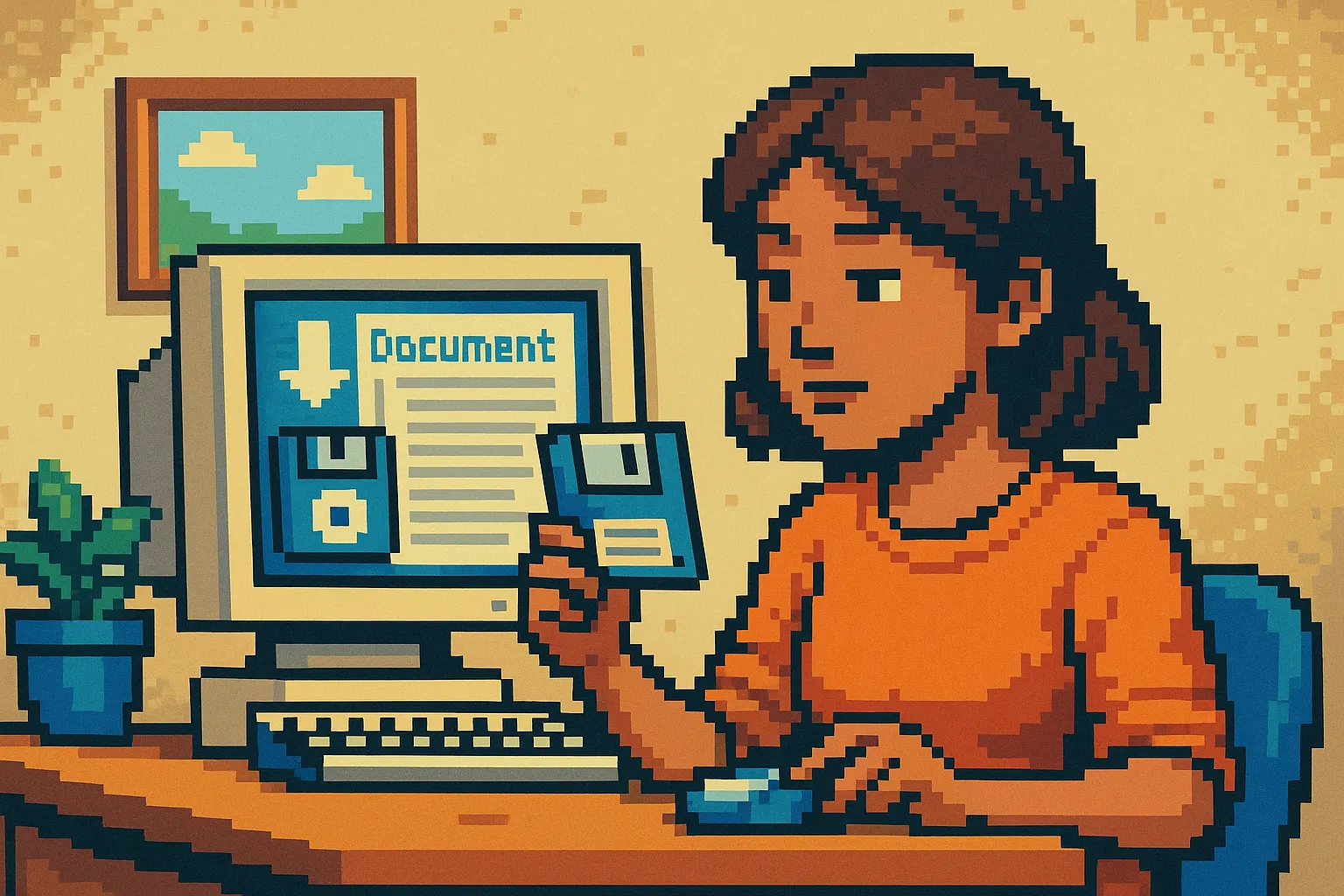 Une femme en train de sauvegarder un document sur une disquette, pixel art