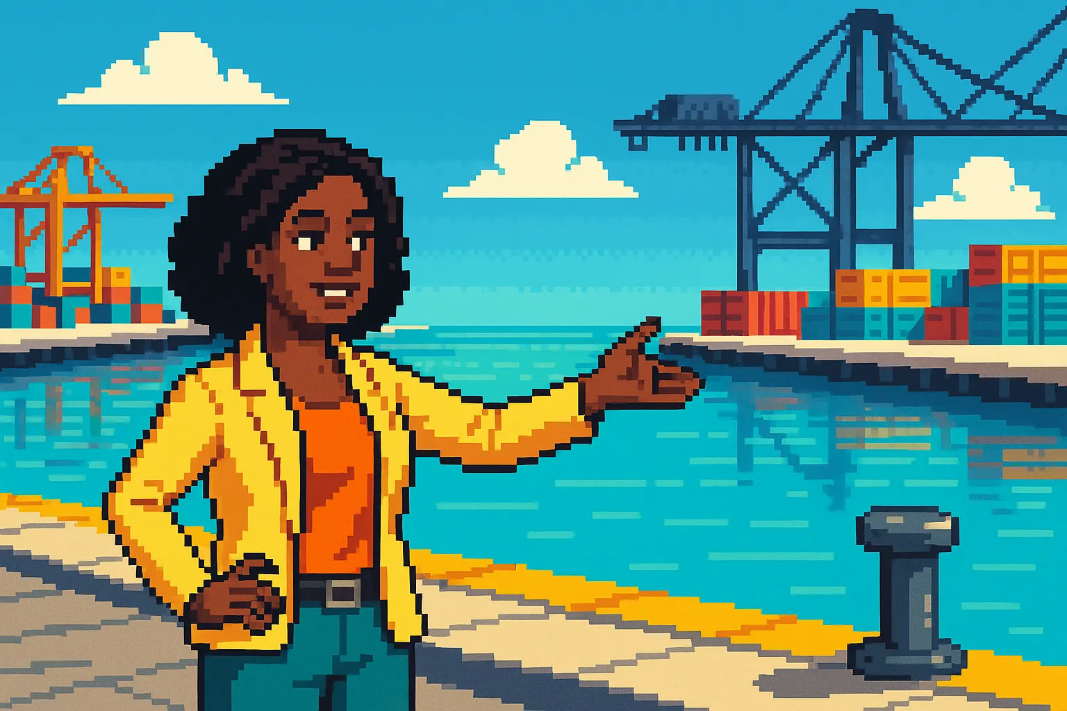 Une femme en train de montrer un place de bateau vide dans un port, pixel art