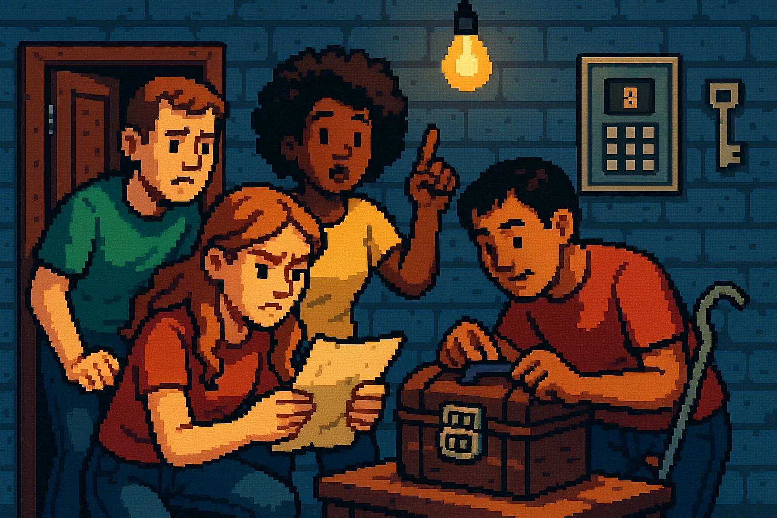 Un groupe de personnes en train de jouer à un escape game, pixel art