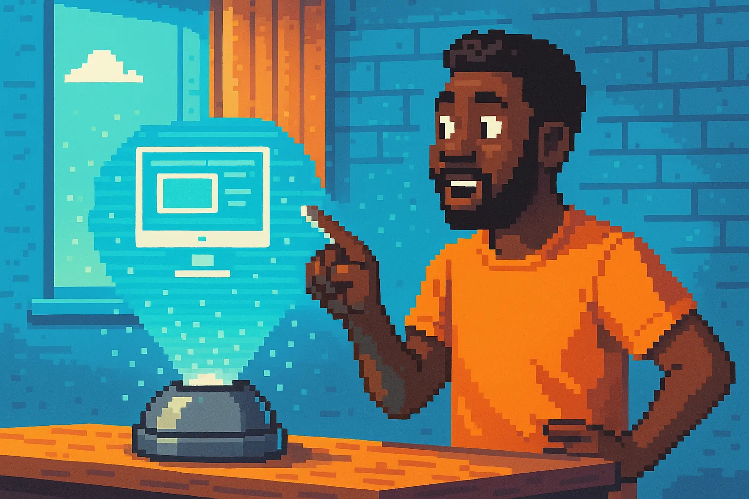 Une homme configurant un service sous forme de hologrammes, pixel art
