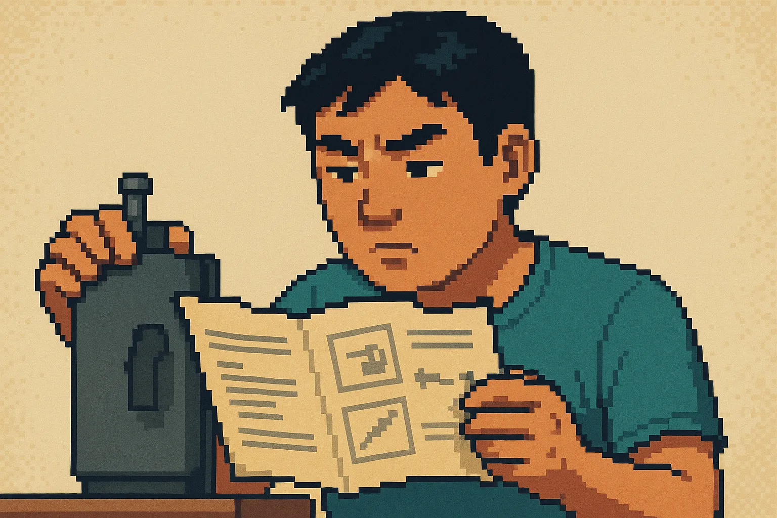 Un homme asiatique en train de lire un manuel de montage, pixel art
