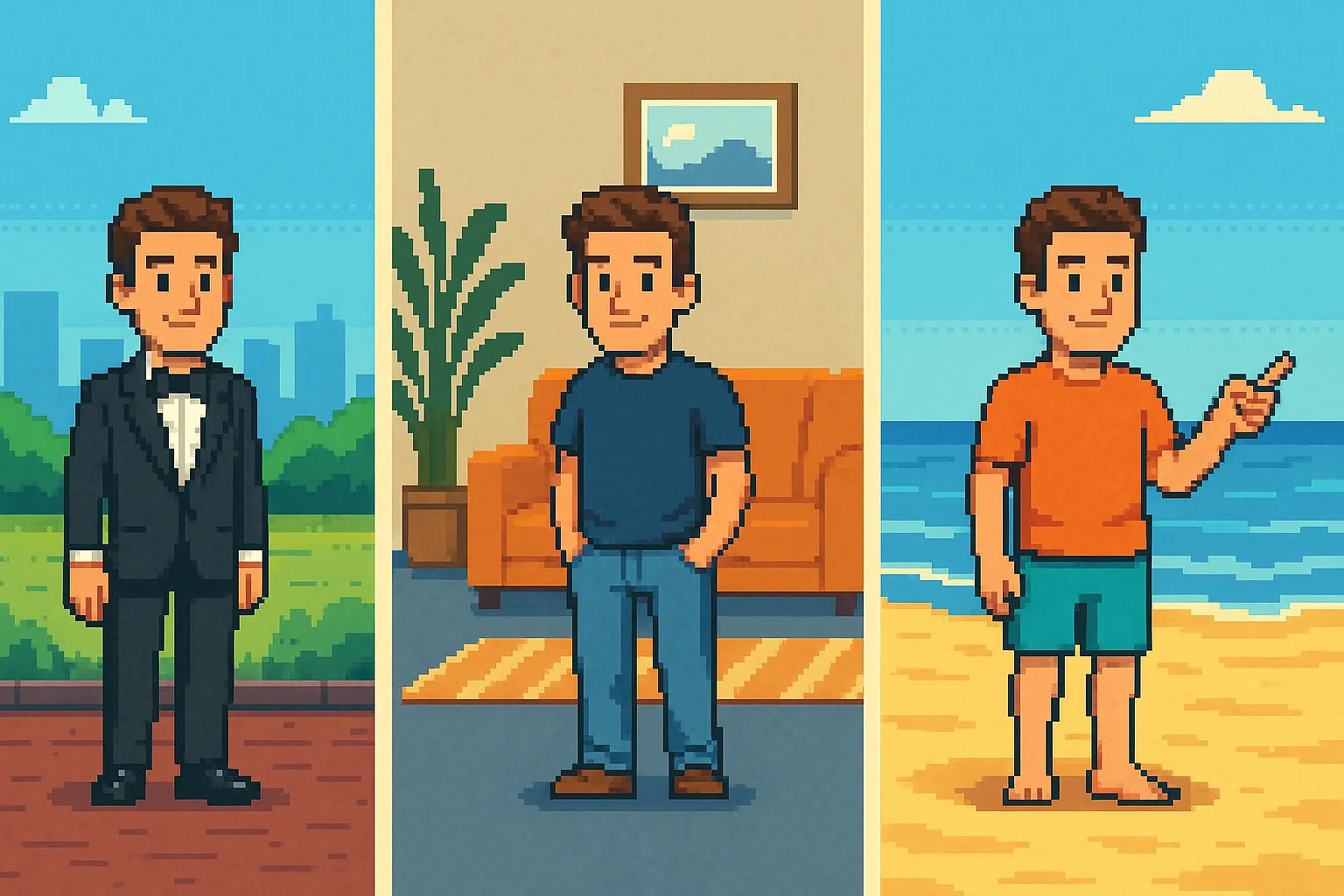 Le même homme habillé dans différents contextes (au bureau en costume, à la maison en jean, en short à la plage), pixel art