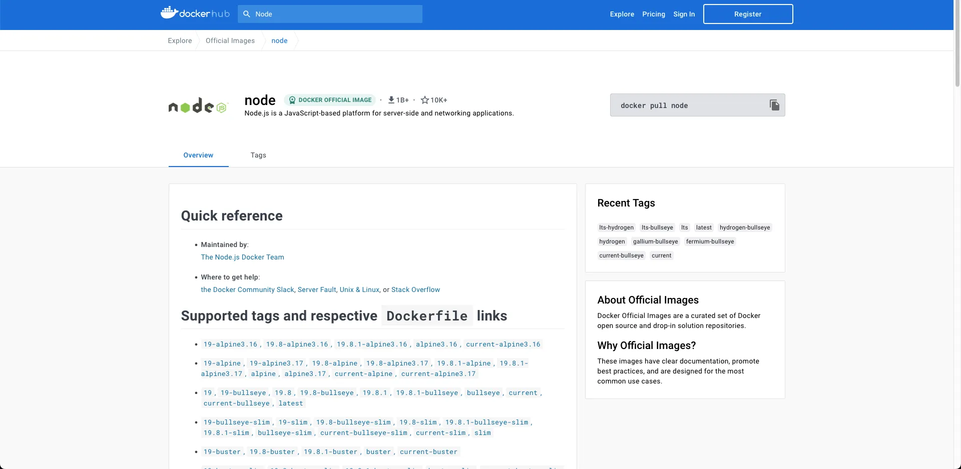 Une capture d'écran de l'image officielle de Node.JS sur DockerHub