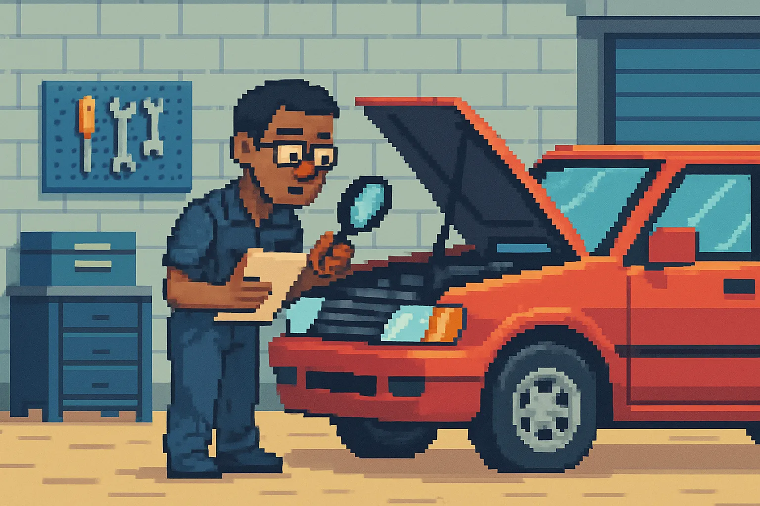 Un homme inspectant une voiture dans un garage, pixel art