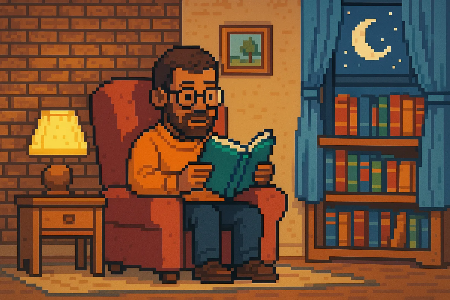 Un homme en train de lire une histoire sur un fauteuil, pixel art