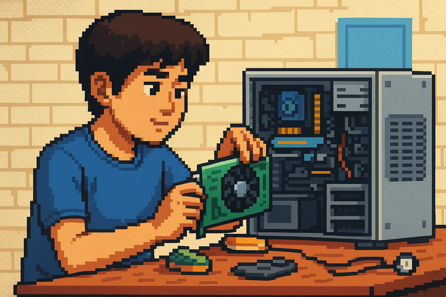 Un adolescent installant une carte graphique sur son ordinateur, pixel art