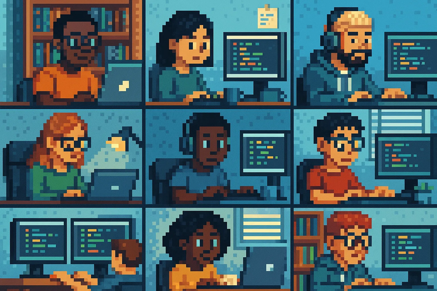 Une mosaïque de développeurs en train de coder, pixel art
