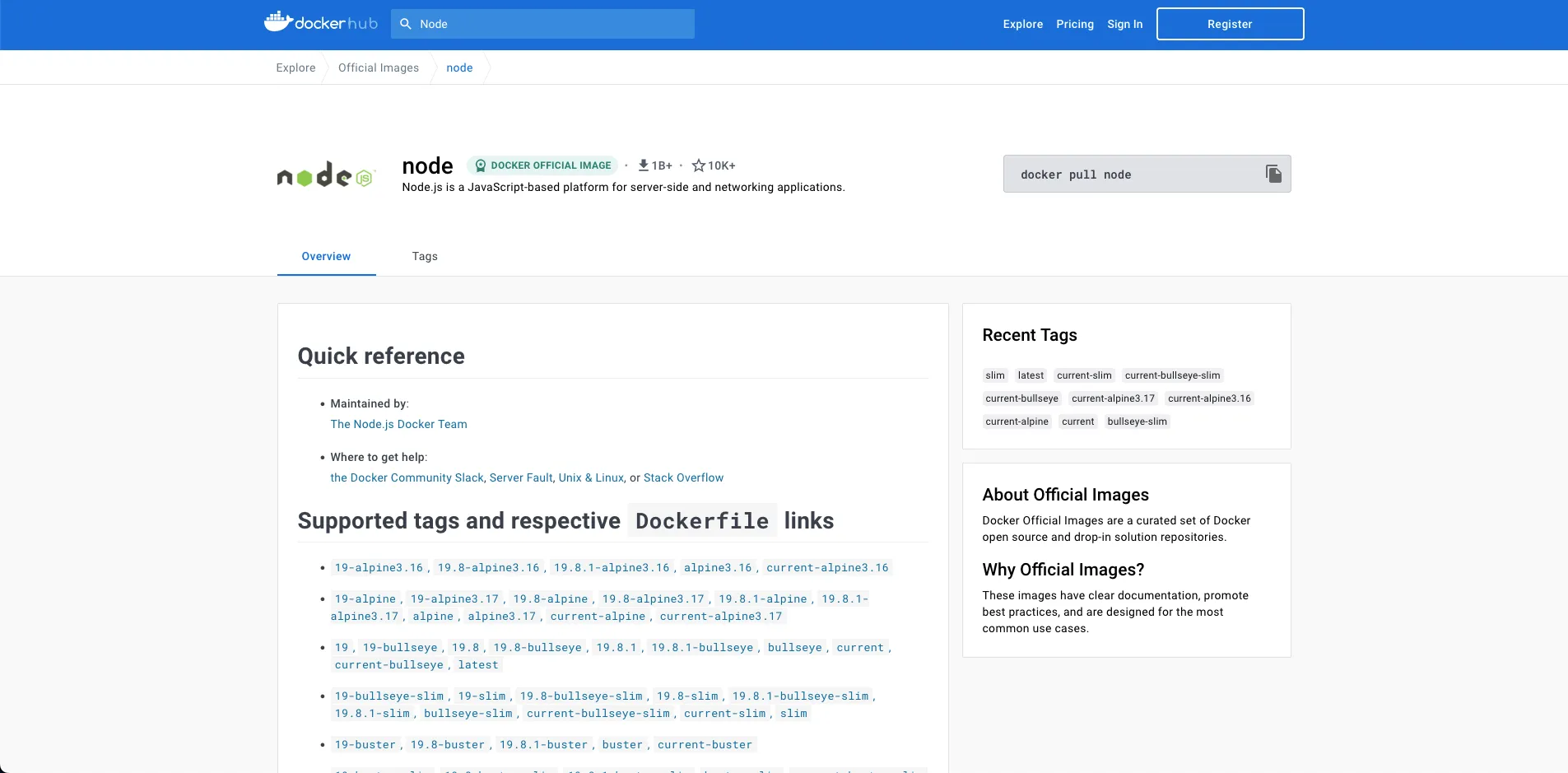La page officielle dédiée à Node.JS sur
DockerHub