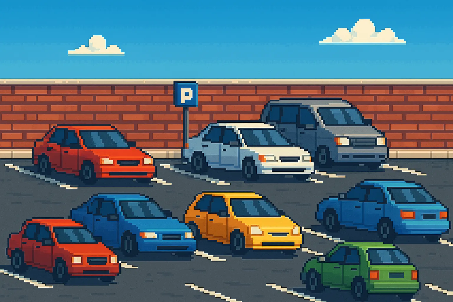 Un parking de voitures, pixel art