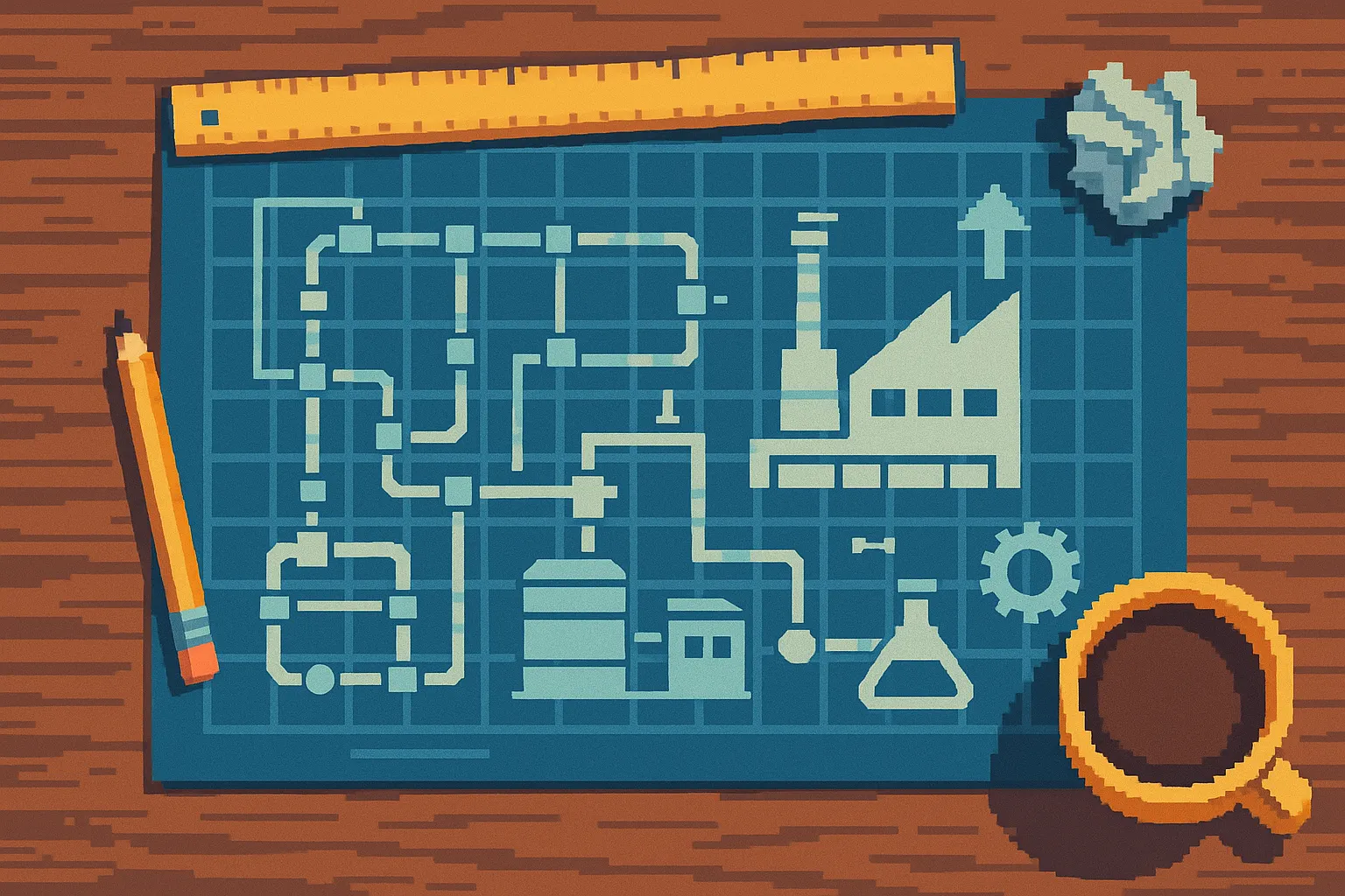 Le plan d'une usine posé sur une table, pixel art