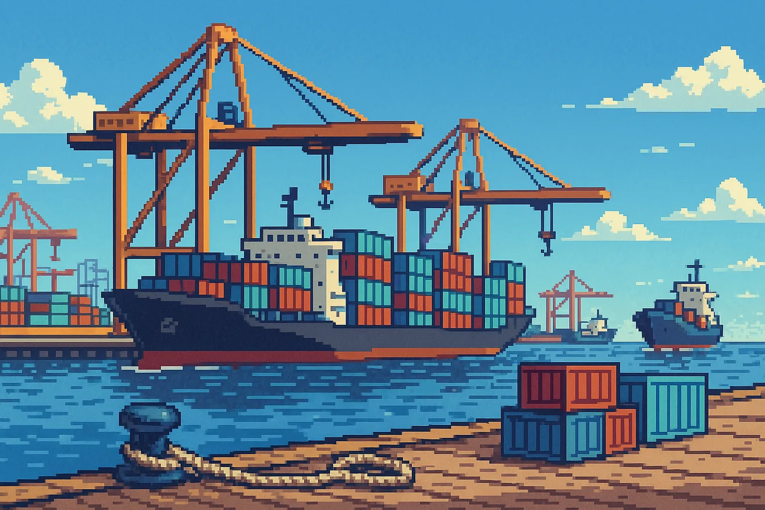 Un port avec des conteneurs, pixel art