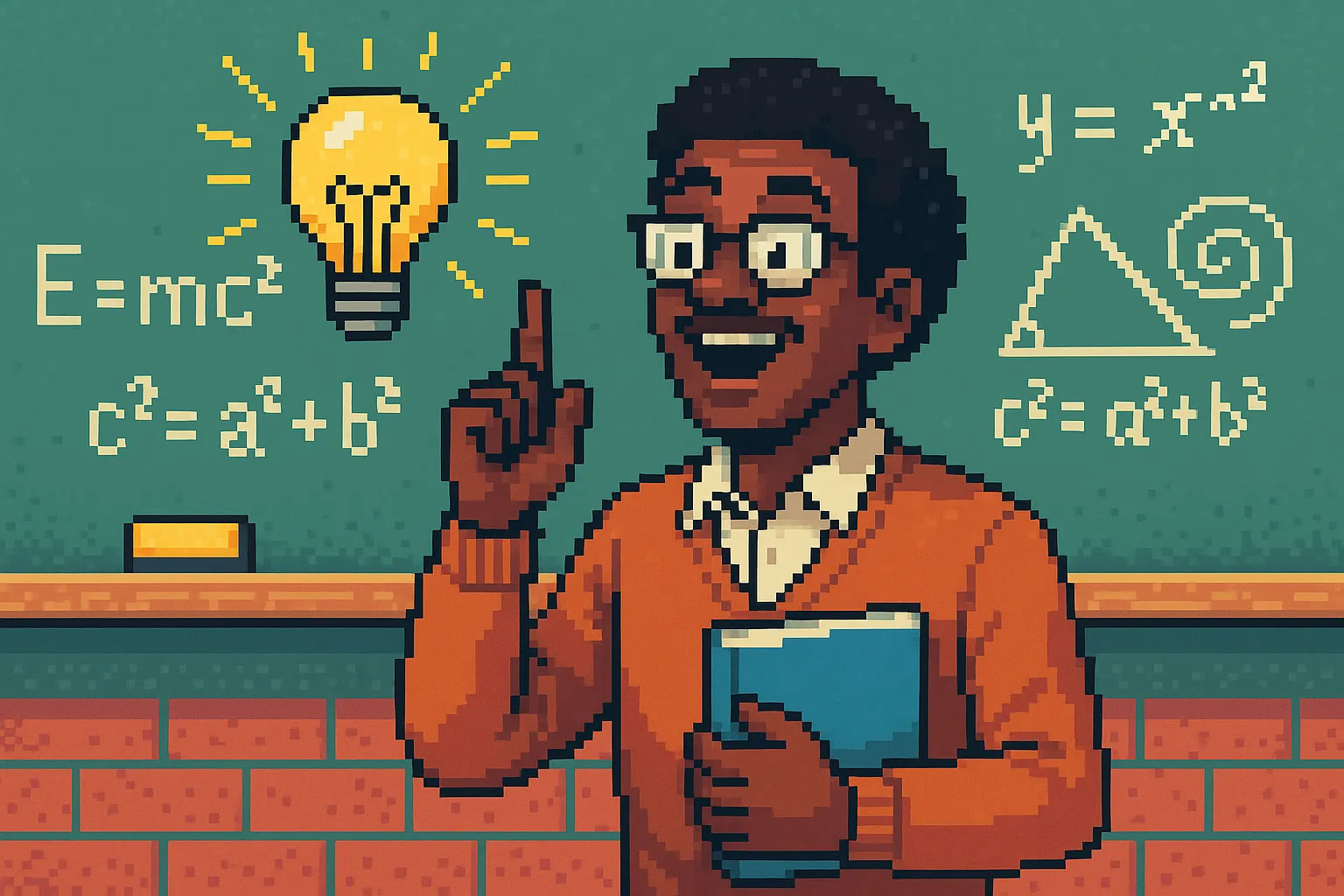 Un professeur de mathématique ayant un eureka, pixel art