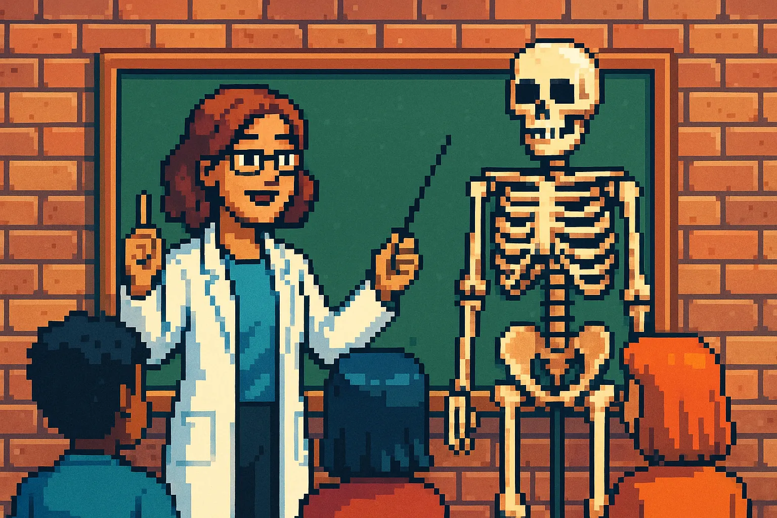 Une scientifique en train de donner des explications sur un squelette, pixel art