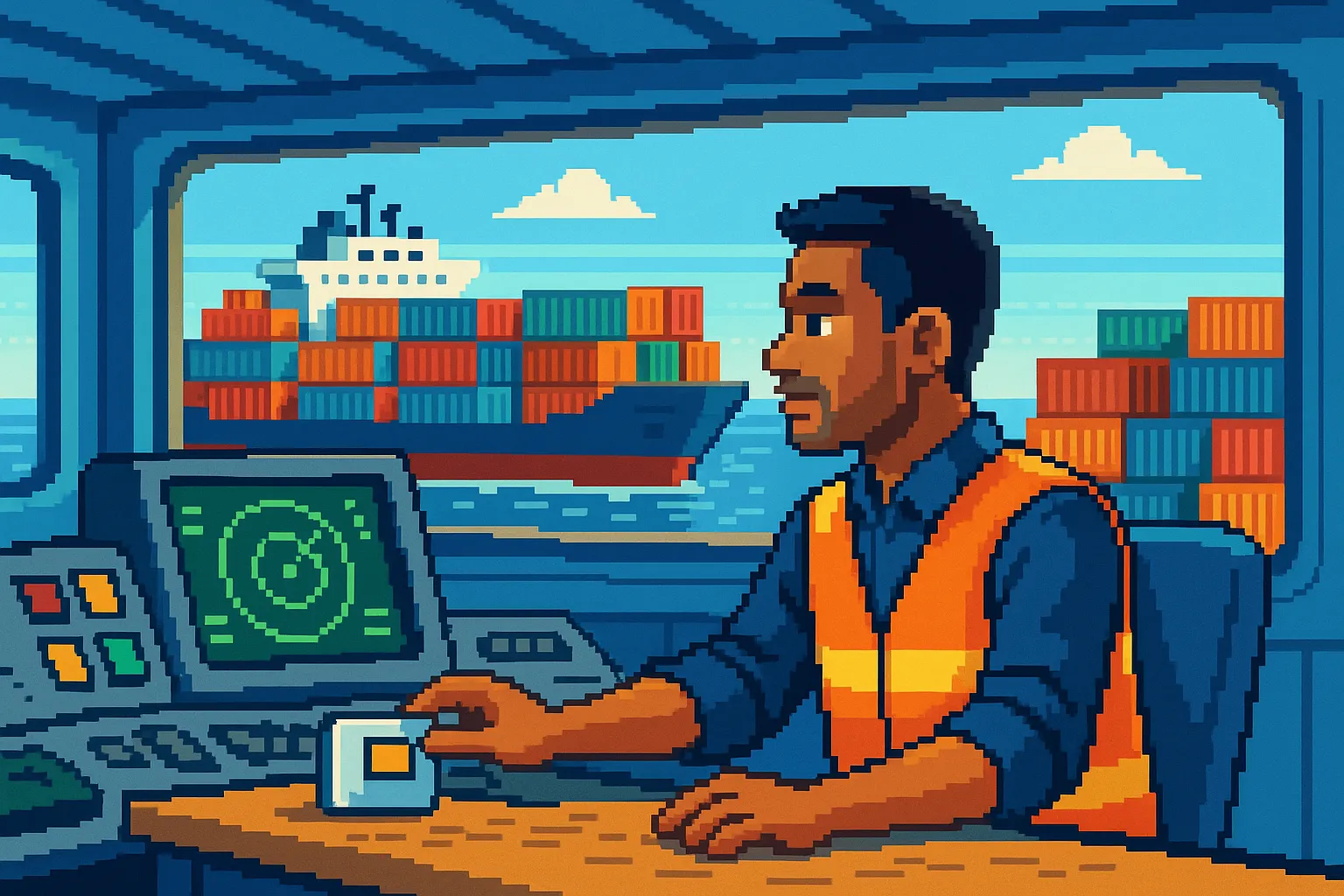 Un homme travaillant dans un porte conteneur, pixel art