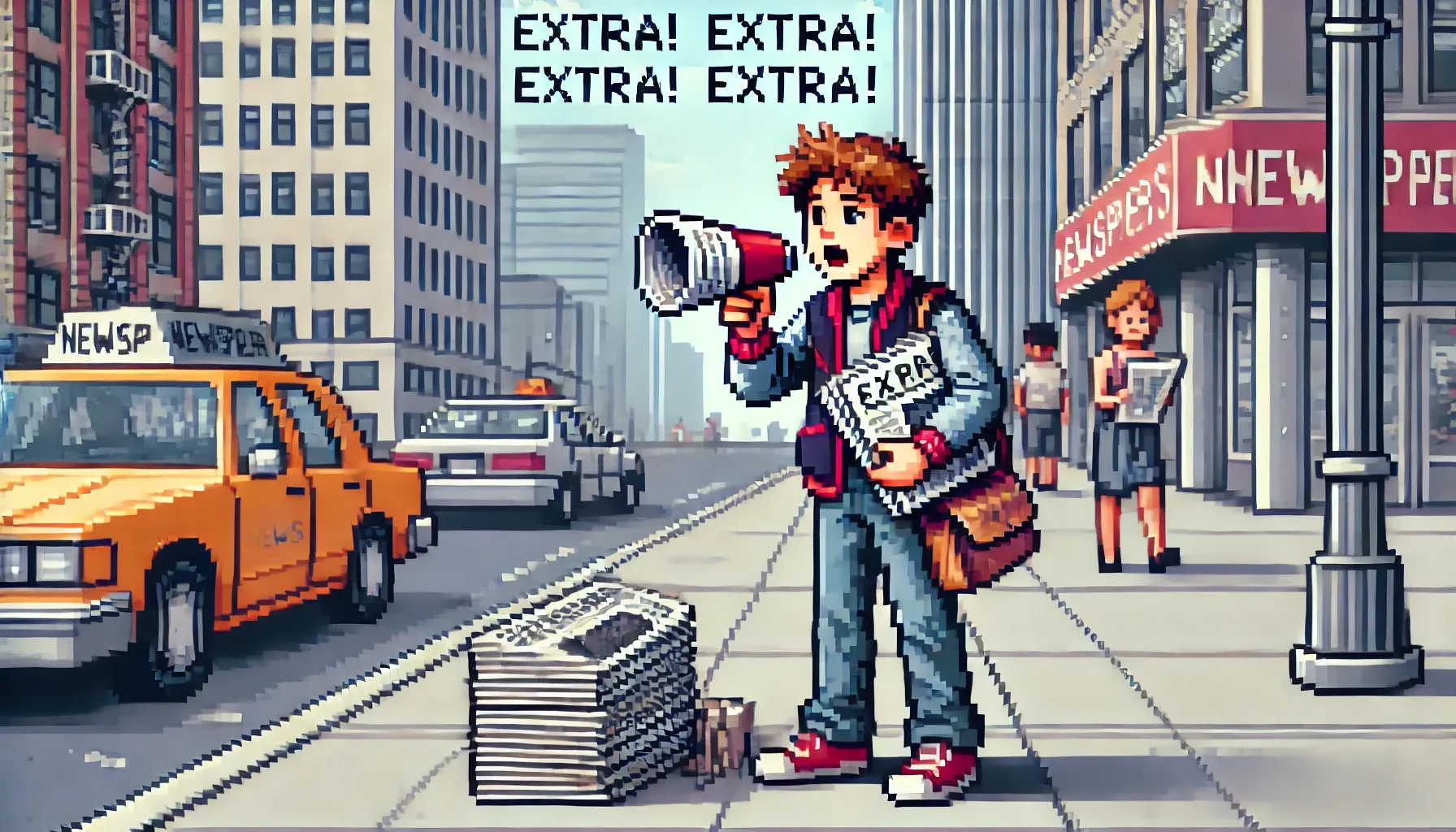Un vendeur de journaux dans la rue, pixel art