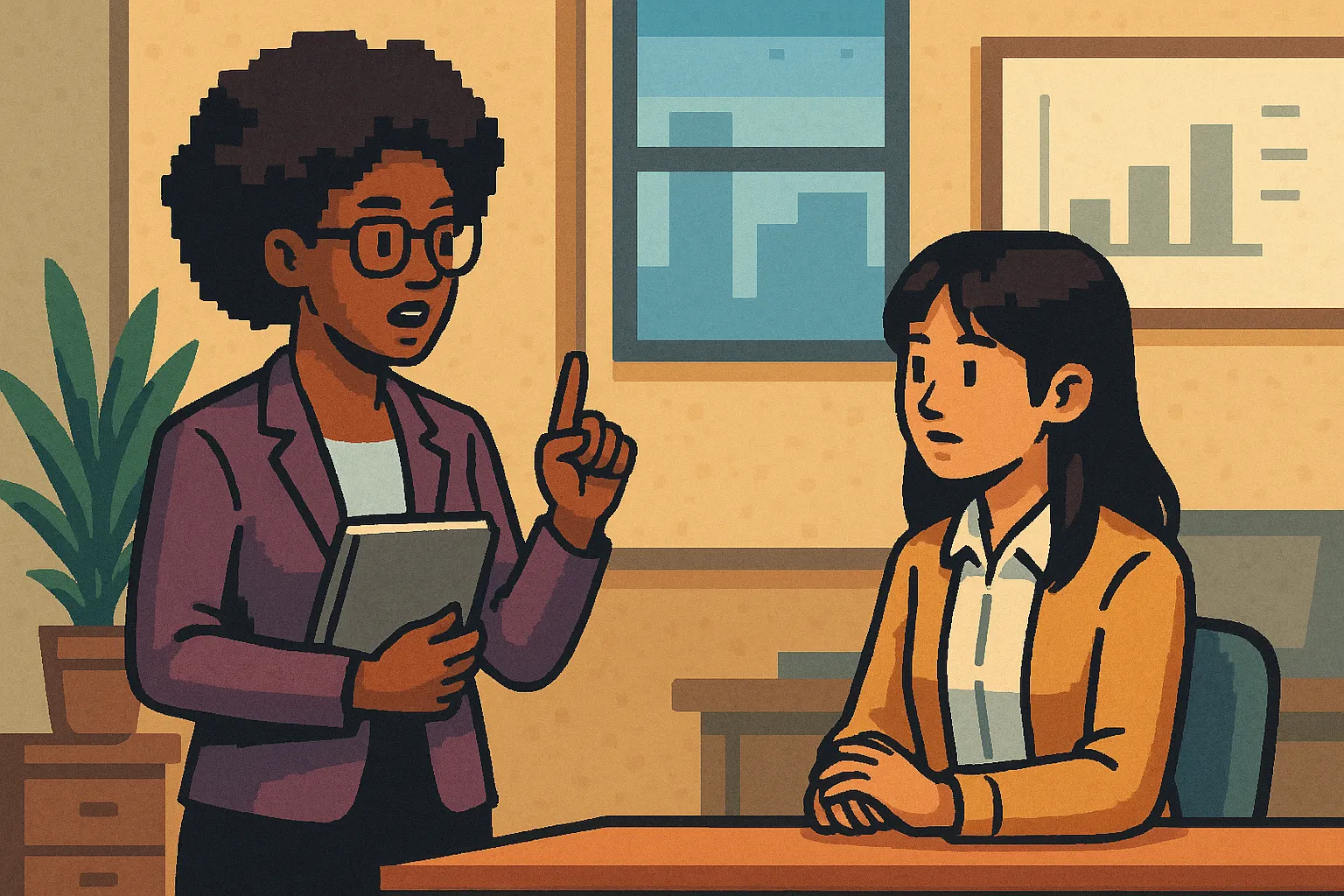 Une manageneuse en train de donner des instructions à une salariée, pixel art