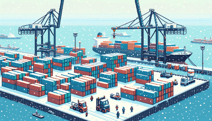 Un port sous la neige, pixel art