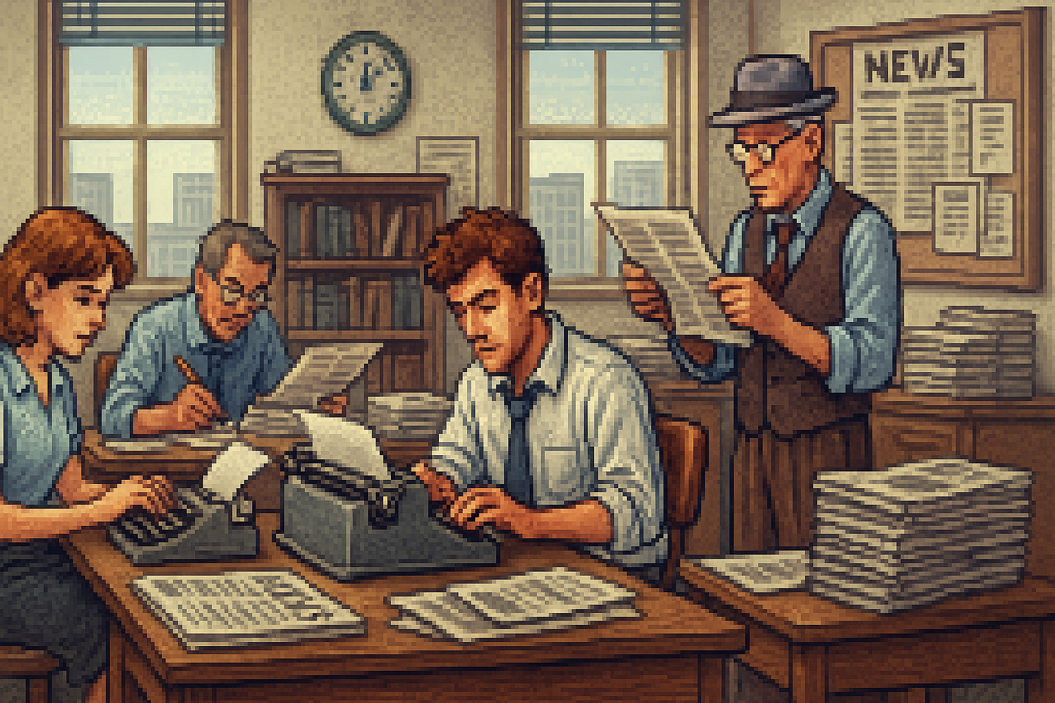 Une scène de rédaction dans un journal, des journalises sont occupés à écrire des articles, pixel art