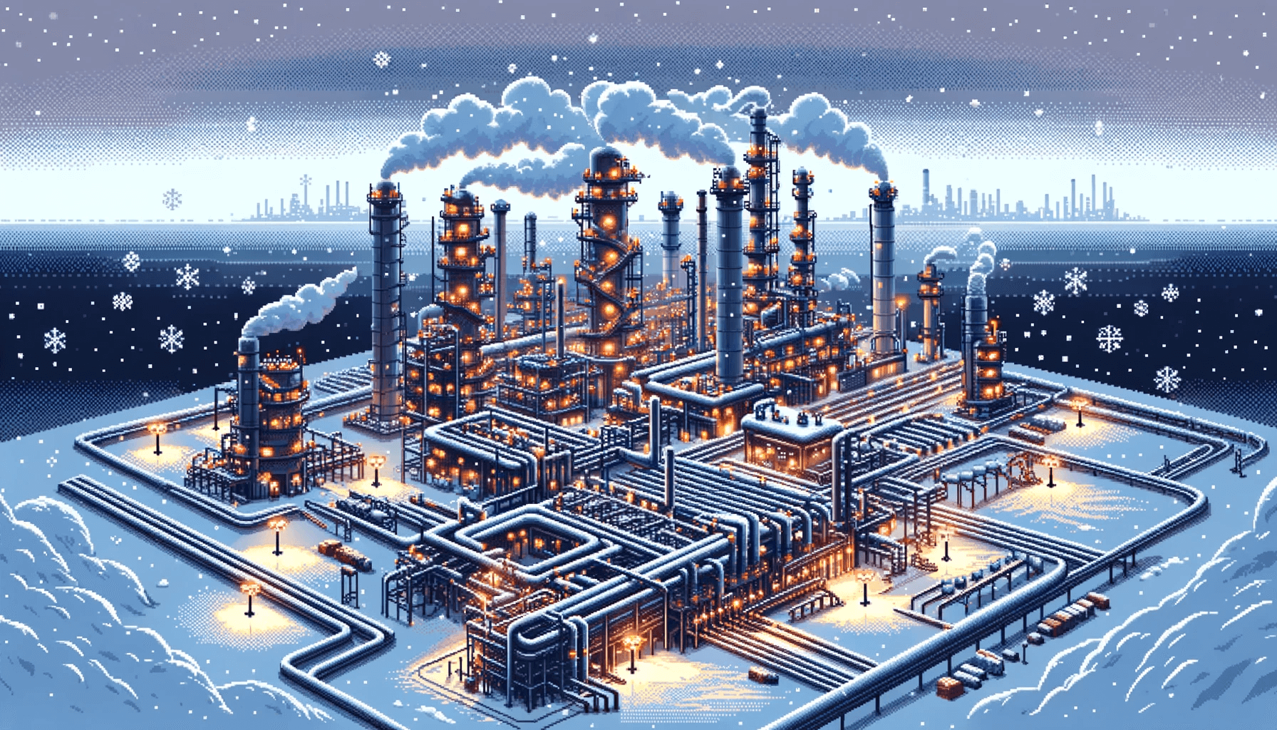 Une usine sous la neigne, pixel art